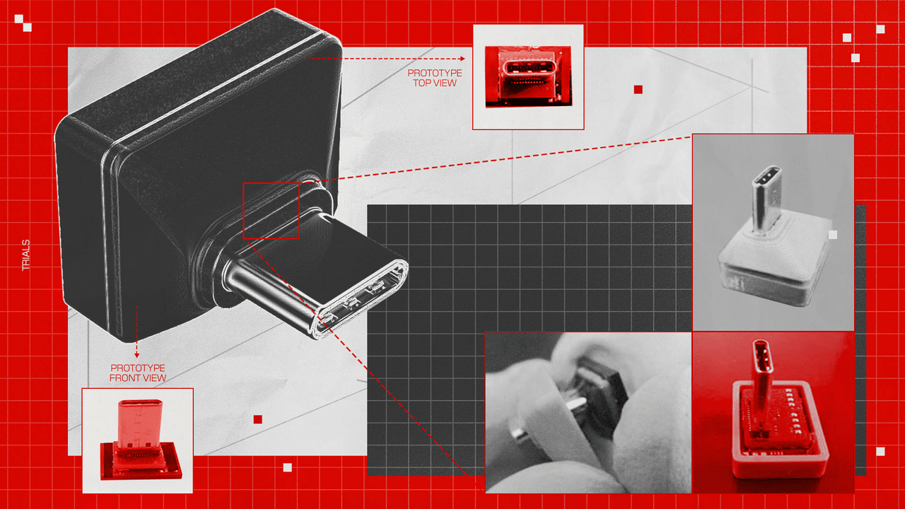 A collage showing multiple views of the smallest Sandisk 1TB USB-C drive, displayed against a red and black technical grid background.