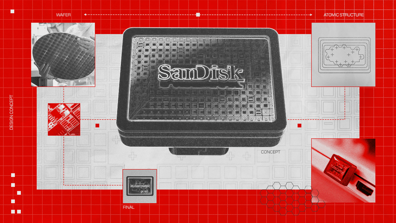A collage featuring the smallest Sandisk 1TB USB-C drive shown in the center, surrounded by close‑up images of a silicon wafer, circuit patterns, and the device’s final connector design, all overlaid on a red technical grid background.