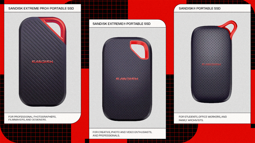 Promotional image showing three Sandisk portable SSDs displayed side by side on a red and black graphic background. Each SSD is black with a textured surface, a red looped corner cutout, and the Sandisk logo in red. The left card is labeled “SANDISK Extreme Pro Portable SSD” and notes it is for professional photographers, filmmakers, and designers. The center card shows “SANDISK Extreme Portable SSD” for creative photo and video enthusiasts and professionals. The right card shows “SANDISK Portable SSD” for students, office workers, and family archivists.