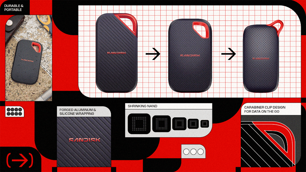 Promotional graphic highlighting the durability and portability of SanDisk portable SSDs. Three black SSDs with textured surfaces and red looped corner cutouts are shown in a left‑to‑right progression, connected by arrows, indicating design evolution or size refinement. Surrounding callouts include a small photo of an SSD resting on a rough outdoor surface labeled “Durable & Portable,” a close-up labeled “Forged aluminum & silicone wrapping,” an icon sequence labeled “Shrinking NAND,” and a detail of the red loop labeled “Carabiner clip design for data on the go.” The background uses red, black, and grid patterns.