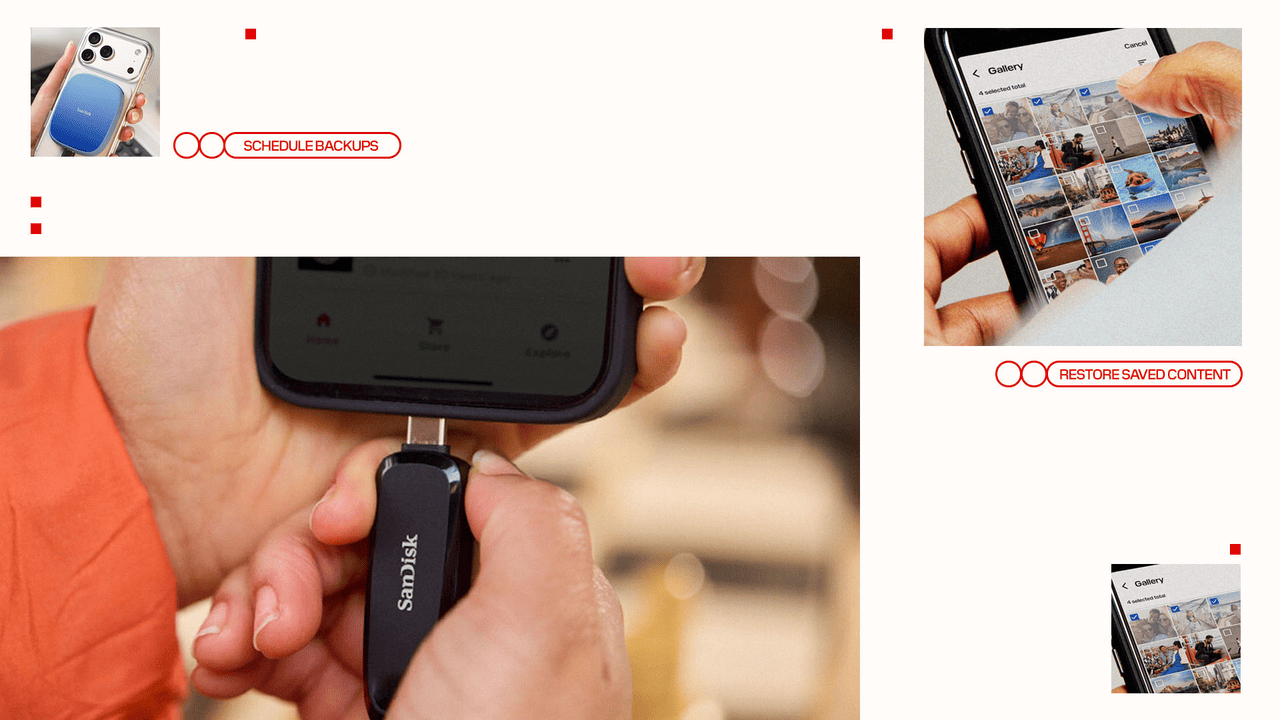Mobile phone backing up photos to flash drive