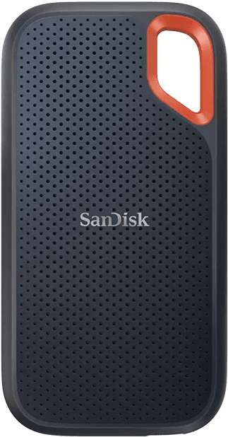 Bild mit bläulichem Hintergrund, das die SanDisk Extreme Portable SSD zeigt – 1 TB oder 2 TB